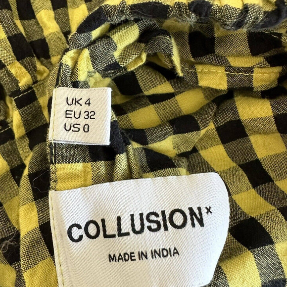 Asos Collusion Dress Size 0 Yellow Black Gingham Tiered Sleeveless Midi - Picture 10 of 14